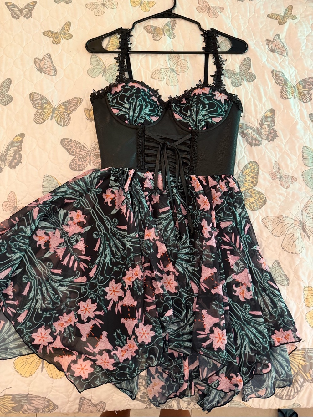 Dolls Kill Black Floral Lace-Up Bustier Dress with Pink Flowers